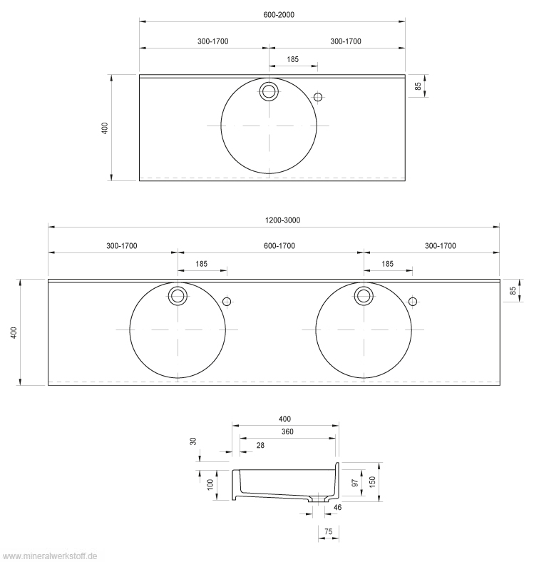 Varicor Waschtisch PICO Technische Zeichnung