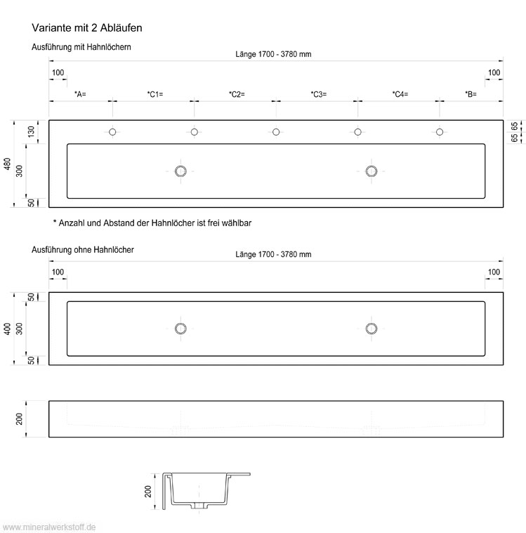 Varicor Waschrinne Technische Zeichnung 2