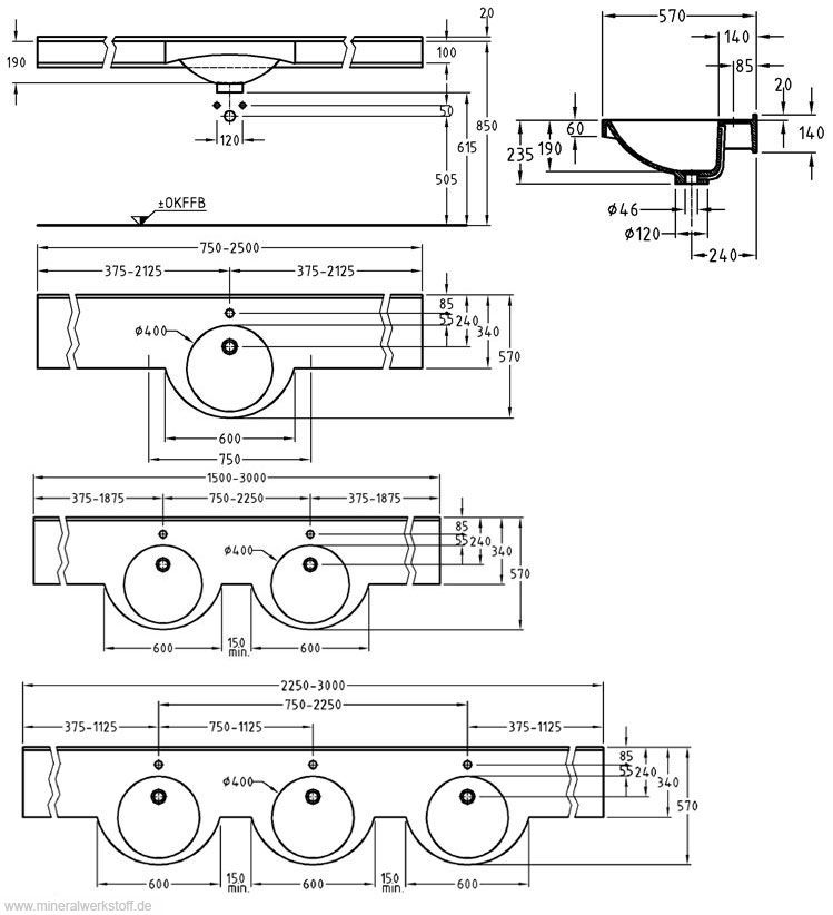 Mineralwerkstoff Waschtisch Technische Zeichnung Wetset